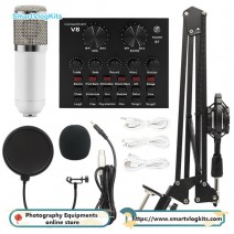 V8 Condenser Microphone Bundle Mic Kit with Adjustable Mic Suspension Scissor Arm Metal Shock Mount and Double Layer Pop Filter for Studio Recording Broadcasting